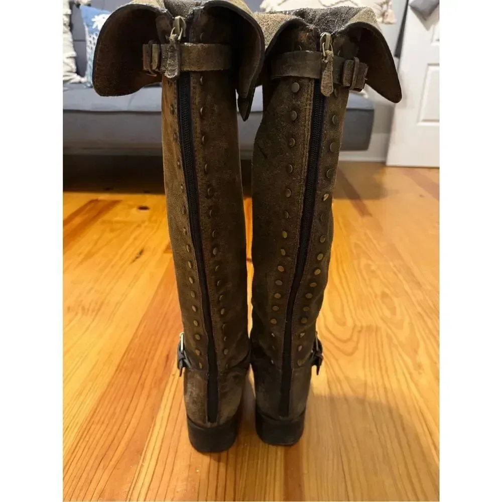 TORY BURCH Tarulli Boots Studded Riding Brown Distressed Over Knee Women’s 10M
